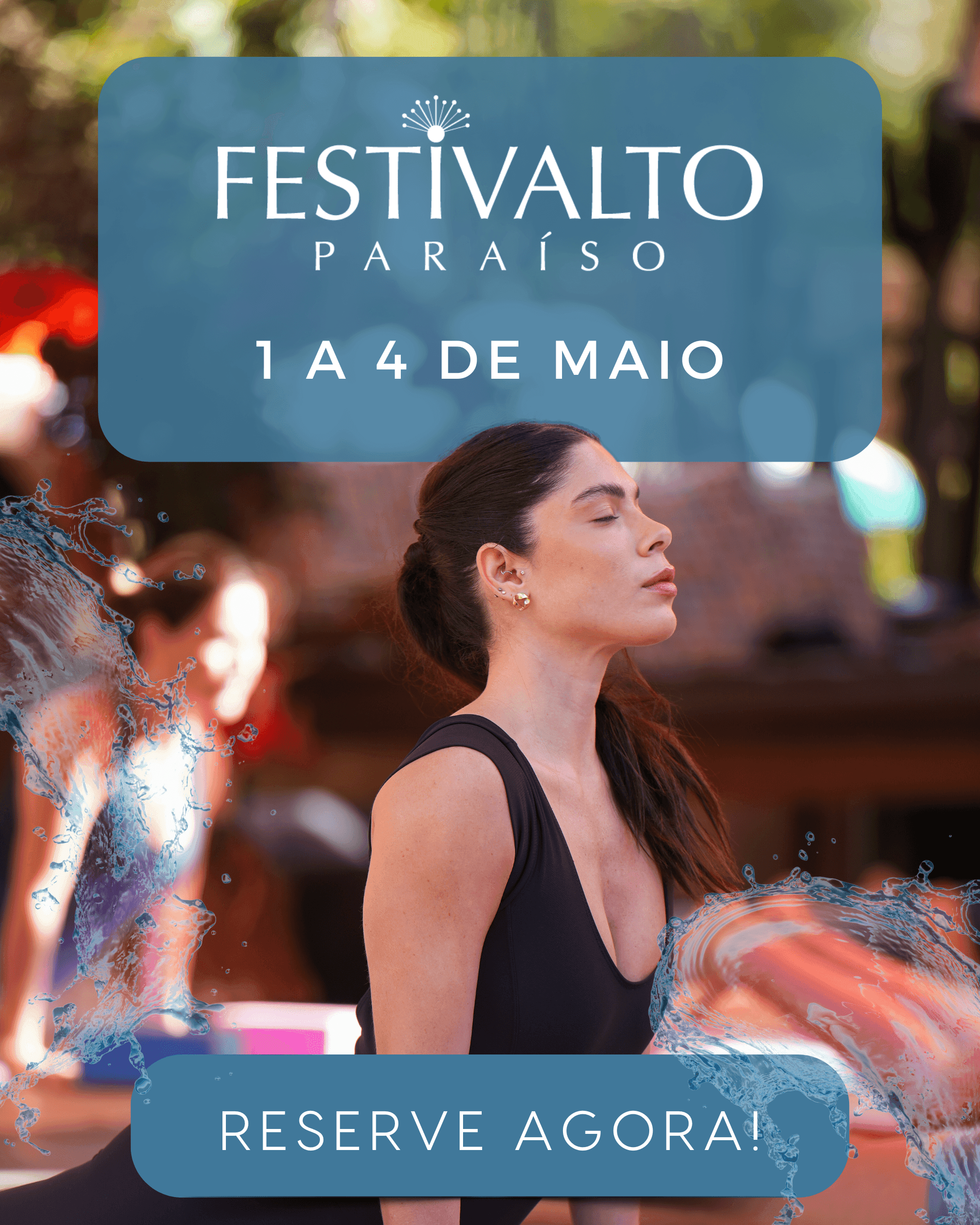 <p><strong>O Festivalto 2025 já tem data marcada: de 1 a 4 de maio.</strong> Inspirado na <strong>água</strong>, elemento essencial da vida, fluidez e conexão, exploraremos vivências, músicas e terapias que renovam e transformam. <strong>Prepare-se para viver uma experiência única!</strong></p>